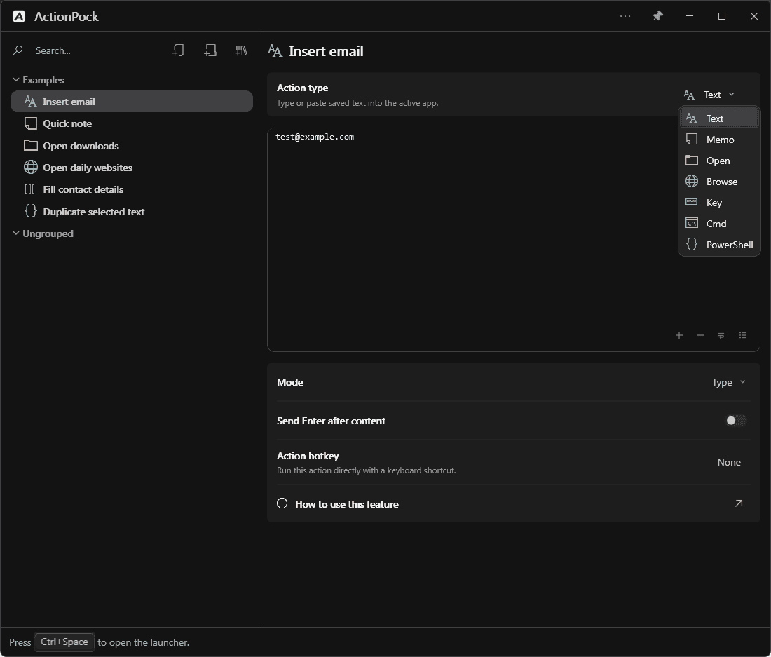 Creating a Text action in ActionPock and choosing its type