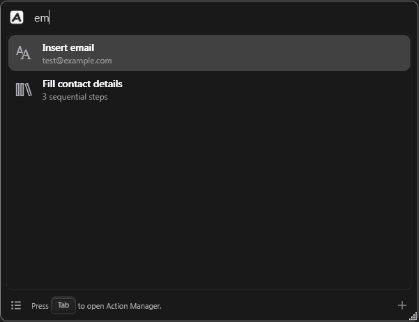The ActionPock Launcher searching saved actions