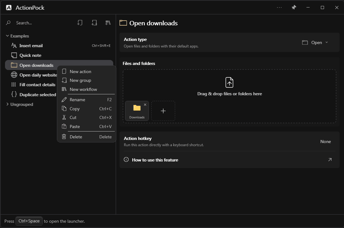 Action Manager tree with groups, actions, and the right-click menu open
