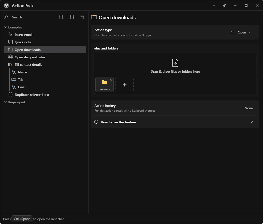 An Open action collecting a folder to launch