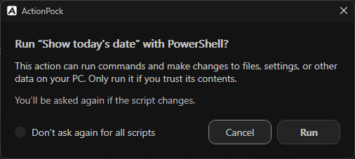 The first-run security confirmation dialog for a PowerShell action