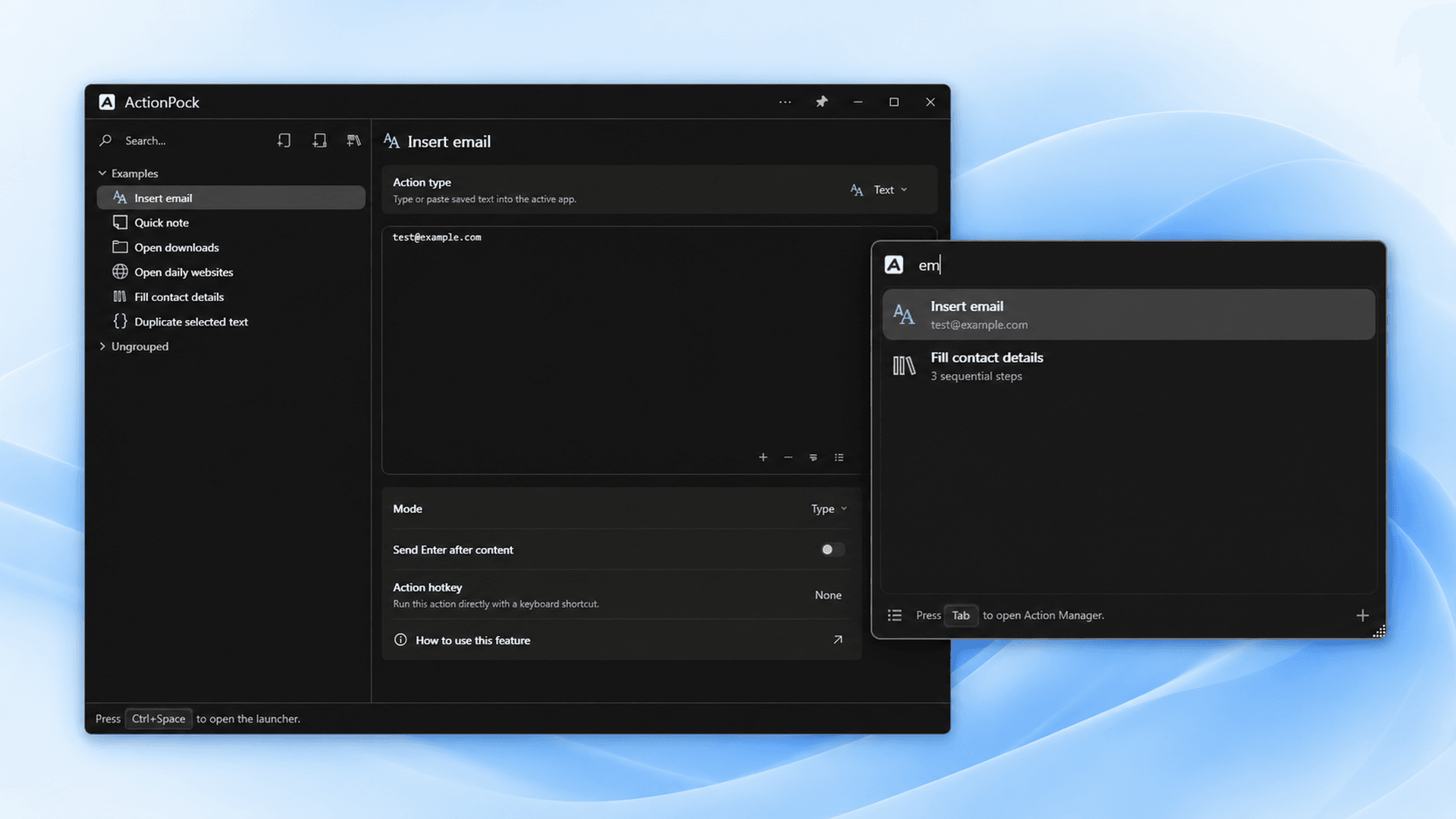 ActionPock running on Windows, searching saved actions from the launcher